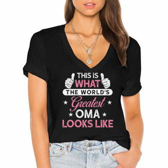 Womens Oma Gift Worlds Greatest Oma Women's Jersey Short Sleeve Deep V-Neck Tshirt | Mazezy