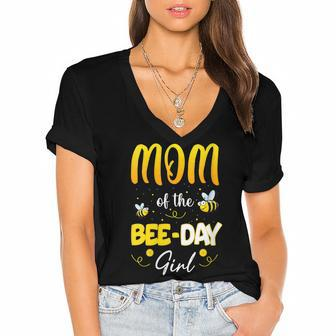 Womens Party Matching Birthday Sweet Mom Of The Bee Day Girl Hive Women's Jersey Short Sleeve Deep V-Neck Tshirt - Seseable