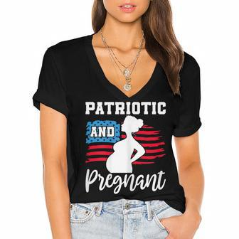 Womens Patriotic And Pregnant Baby Reveal 4Th Of July Pregnancy Women's Jersey Short Sleeve Deep V-Neck Tshirt - Seseable