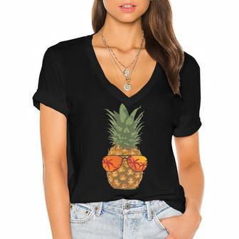 Womens Pineapple Shades Aloha Hawaii Tropical Beach Vintage Women's Jersey Short Sleeve Deep V-Neck Tshirt | Mazezy
