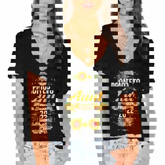 Womens Promoted To Aunt Again 2022 Sunflower New Aunt Women's Jersey Short Sleeve Deep V-Neck Tshirt | Mazezy