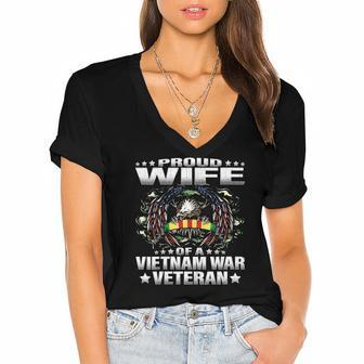 Womens Proud Wife Of A Vietnam War Veteran Military Vets Spouse Women's Jersey Short Sleeve Deep V-Neck Tshirt | Mazezy