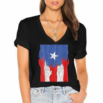 Womens Puerto Rico Pride Raised Hands Boricua Flag V-Neck Women's Jersey Short Sleeve Deep V-Neck Tshirt | Mazezy