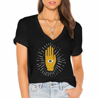 Womens Spiritual Mystic Eye Third Eye All Seeing Eye Hamsa Hand Women's Jersey Short Sleeve Deep V-Neck Tshirt | Mazezy
