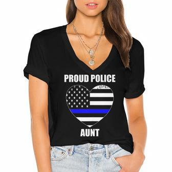 Womens Thin Blue Line Flag Law Enforcement Officer Proud Aunt Women's Jersey Short Sleeve Deep V-Neck Tshirt | Mazezy
