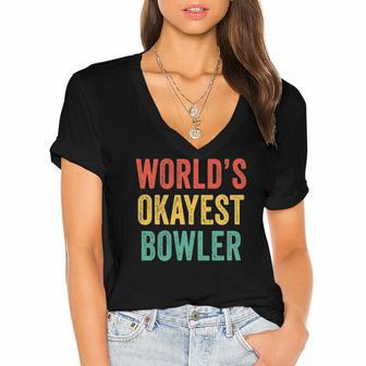 Worlds Okayest Bowler Funny Bowling Lover Vintage Retro Women's Jersey Short Sleeve Deep V-Neck Tshirt | Mazezy