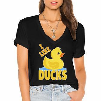 Yellow Rubber Duck Squeaker Duck I Like Ducks Women's Jersey Short Sleeve Deep V-Neck Tshirt | Mazezy