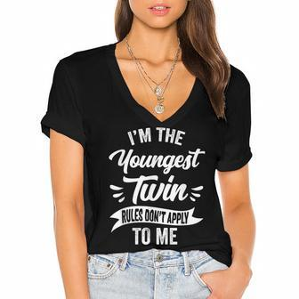 Youngest Twin Sister Brother Sibling Funny Birthday Twins Women's Jersey Short Sleeve Deep V-Neck Tshirt - Seseable