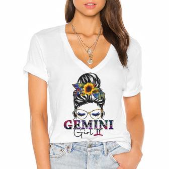 Gemini Girl Birthday Messy Bun Hair Sunflower  Women's Jersey Short Sleeve Deep V-Neck Tshirt