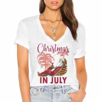 Celebrate Christmas In July Beach Santa Summer Christmas  Women's Jersey Short Sleeve Deep V-Neck Tshirt