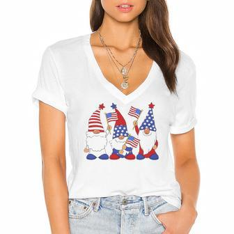 4Th Of July 2022 Patriotic Gnomes Funny American Usa Women's Jersey Short Sleeve Deep V-Neck Tshirt | Mazezy