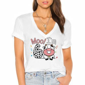 6Th Birthday Moo Cow Theme Farm Animal Six Years Old Party Women's Jersey Short Sleeve Deep V-Neck Tshirt | Mazezy