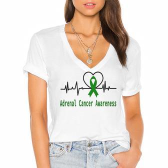 Adrenal Cancer Awareness Heartbeat Green Ribbon Adrenal Cancer Adrenal Cancer Awareness Women's Jersey Short Sleeve Deep V-Neck Tshirt | Favorety