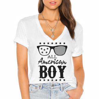 All American Boy 4Th Of July Boys Kids Sunglasses Family Women's Jersey Short Sleeve Deep V-Neck Tshirt | Favorety