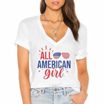 All American Girl 4Th Of July Girls Kids Sunglasses Family Women's Jersey Short Sleeve Deep V-Neck Tshirt | Mazezy