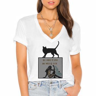 All I Need Is Love And Yoga And A Cat Lovers Gift For Yoga Lovers Funny Cat Women's Jersey Short Sleeve Deep V-Neck Tshirt | Favorety DE