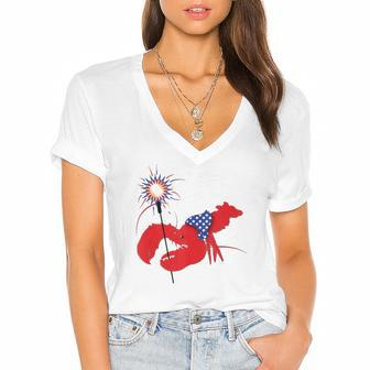 Americana Liberty The Lobster 4Th Of July Women's Jersey Short Sleeve Deep V-Neck Tshirt | Mazezy
