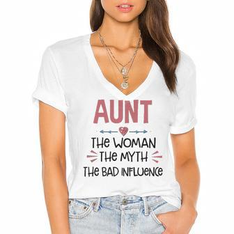 Aunt Gift Aunt The Woman The Myth The Bad Influence Women's Jersey Short Sleeve Deep V-Neck Tshirt - Seseable