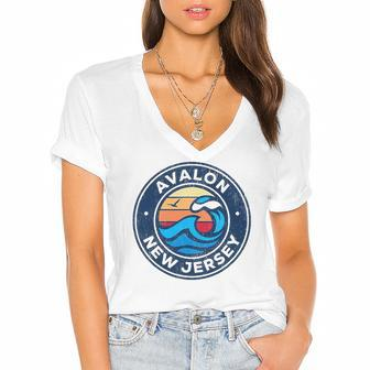 Avalon New Jersey Nj Vintage Nautical Waves Design Women's Jersey Short Sleeve Deep V-Neck Tshirt | Mazezy
