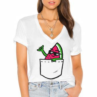 Awesome Hang Loose Summer Watermelon In A Pocket Women's Jersey Short Sleeve Deep V-Neck Tshirt | Mazezy