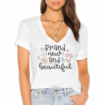 Baby Shower Text Design Brand New And Beautiful Women's Jersey Short Sleeve Deep V-Neck Tshirt | Favorety