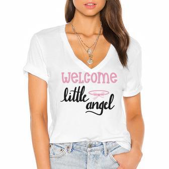 Baby Shower Text Design Welcome Little Angel Women's Jersey Short Sleeve Deep V-Neck Tshirt | Favorety