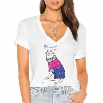 Bisexual Cat Lgbt-Q Pride Cute Kitten Kitty Proud Ally Women's Jersey Short Sleeve Deep V-Neck Tshirt | Mazezy