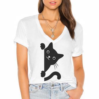 Black Cat Peeking Women's Jersey Short Sleeve Deep V-Neck Tshirt | Favorety DE