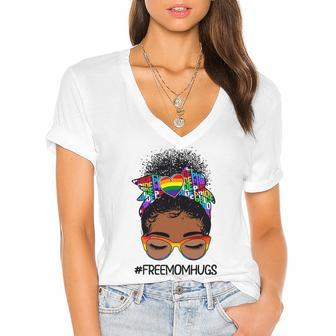 Black Women Free Mom Hugs Messy Bun Lgbtq Lgbt Pride Month Women's Jersey Short Sleeve Deep V-Neck Tshirt | Mazezy
