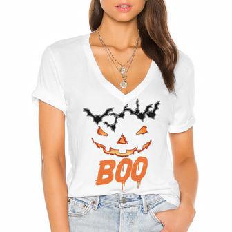 Boo Scary Pumpkin Face Women's Jersey Short Sleeve Deep V-Neck Tshirt | Favorety DE