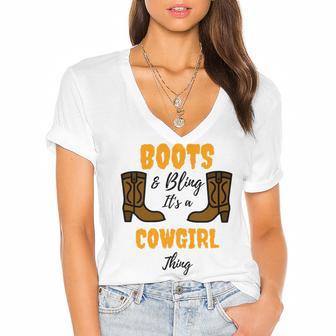 Boots Bling Its A Cowgirl Thing Women's Jersey Short Sleeve Deep V-Neck Tshirt | Favorety