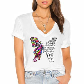 Butterfly She Whispered Back I Am The Storm Women's Jersey Short Sleeve Deep V-Neck Tshirt | Mazezy