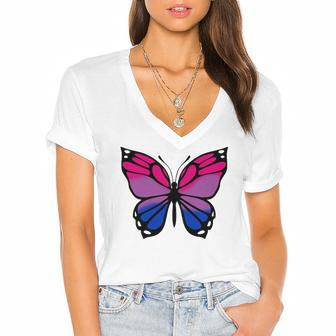 Butterfly With Colors Of The Bisexual Pride Flag Women's Jersey Short Sleeve Deep V-Neck Tshirt | Mazezy