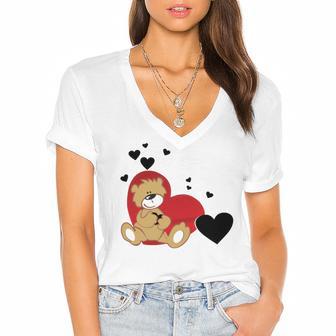 Cartoon Animal Happy Loving Teddy Bear Women's Jersey Short Sleeve Deep V-Neck Tshirt | Favorety CA