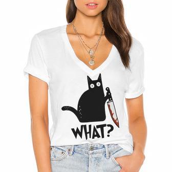 Cat What Murderous Black Cat With Knife Women's Jersey Short Sleeve Deep V-Neck Tshirt | Favorety AU