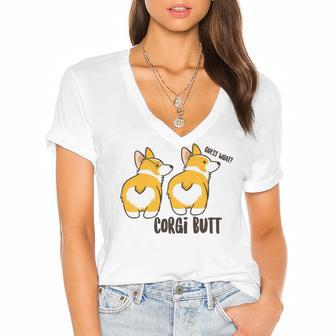 Corgi Set Sticker Design Funny Corgi Set Stickers Women's Jersey Short Sleeve Deep V-Neck Tshirt | Favorety CA