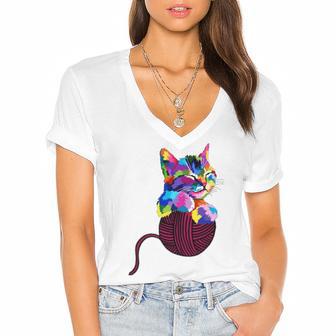 Cute Cat Gift For Kitten Lovers Colorful Art Kitty Adoption Women's Jersey Short Sleeve Deep V-Neck Tshirt | Favorety