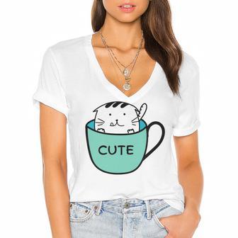 Cute Cat In Mug Women's Jersey Short Sleeve Deep V-Neck Tshirt | Favorety AU