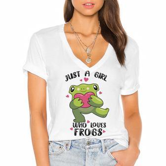 Cute Frog Just A Girl Who Loves Frogs Funny Frog Lover Gift For Girl Frog Lover Women's Jersey Short Sleeve Deep V-Neck Tshirt | Favorety