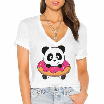 Cute Panda Bear Pandas Donut Sprinkles Women's Jersey Short Sleeve Deep V-Neck Tshirt | Mazezy