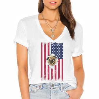 Cute Pug Face & American Flag – 4Th Of July Pug Dad Pug Mom Women's Jersey Short Sleeve Deep V-Neck Tshirt - Seseable