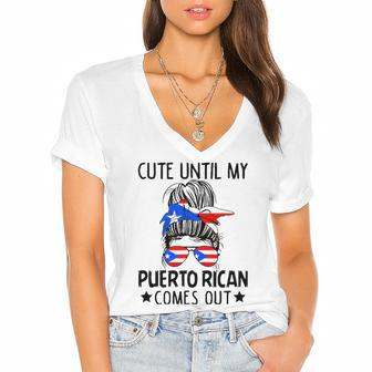 Cute Until My Puerto Rican Comes Out Messy Bun Hair Women's Jersey Short Sleeve Deep V-Neck Tshirt | Mazezy