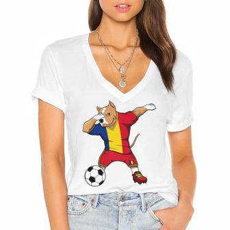 Dabbing Pitbull Romania Soccer Fans Jersey Romanian Football Women's Jersey Short Sleeve Deep V-Neck Tshirt | Mazezy