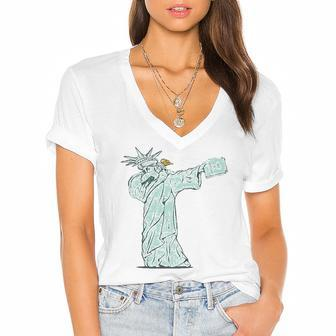 Dabbing Statue Of Liberty 4Th Of July Women's Jersey Short Sleeve Deep V-Neck Tshirt | Mazezy