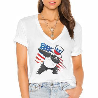 Dabbing Uncle Sam Panda 4Th Of July Women's Jersey Short Sleeve Deep V-Neck Tshirt | Mazezy