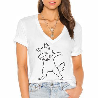 Dabbing Wolf Funny Wolf Lover Cute Wolves Women's Jersey Short Sleeve Deep V-Neck Tshirt | Mazezy