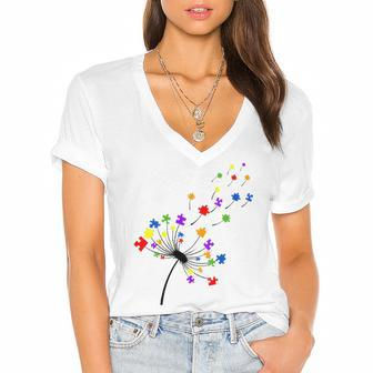 Dandelion Puzzle Piece Autism Awareness Flower Boys Girls Women's Jersey Short Sleeve Deep V-Neck Tshirt | Mazezy