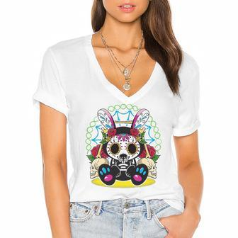 Day Of The Dead Dia De Los Muertos Bunny Sugar Skull Women's Jersey Short Sleeve Deep V-Neck Tshirt | Mazezy