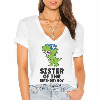 Dinosaur Birthday Sister Of The Birthday Boy Women's Jersey Short Sleeve Deep V-Neck Tshirt | Mazezy