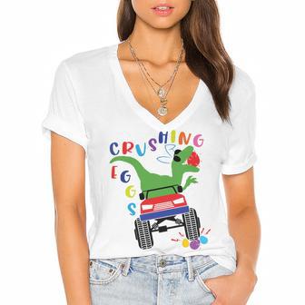 Easter Dinosaur Happy Eastrawr Easter Saurus Rex Women's Jersey Short Sleeve Deep V-Neck Tshirt | Favorety DE